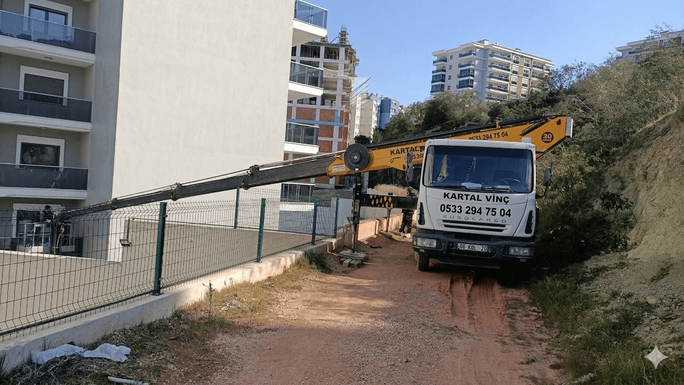 İzmir sepetli vinç ile dış cephe bakım, tabela montajı ve klima kurulumu çalışması